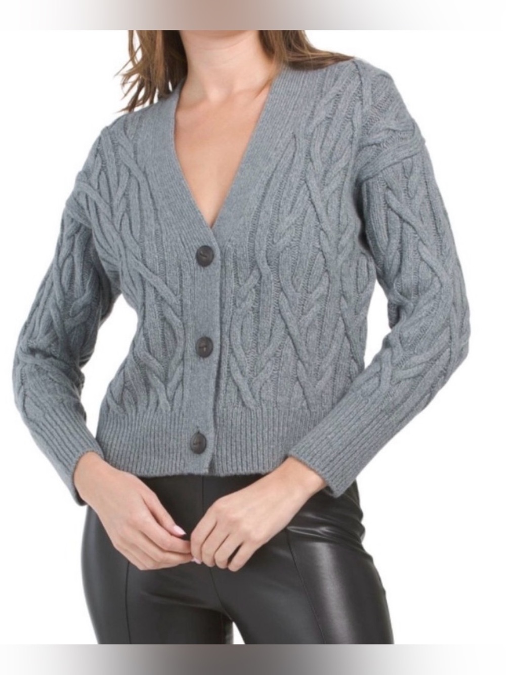 VINCE Grey Interlocking Cable Knit Sweater Cardigan V Neck Womens Size XL